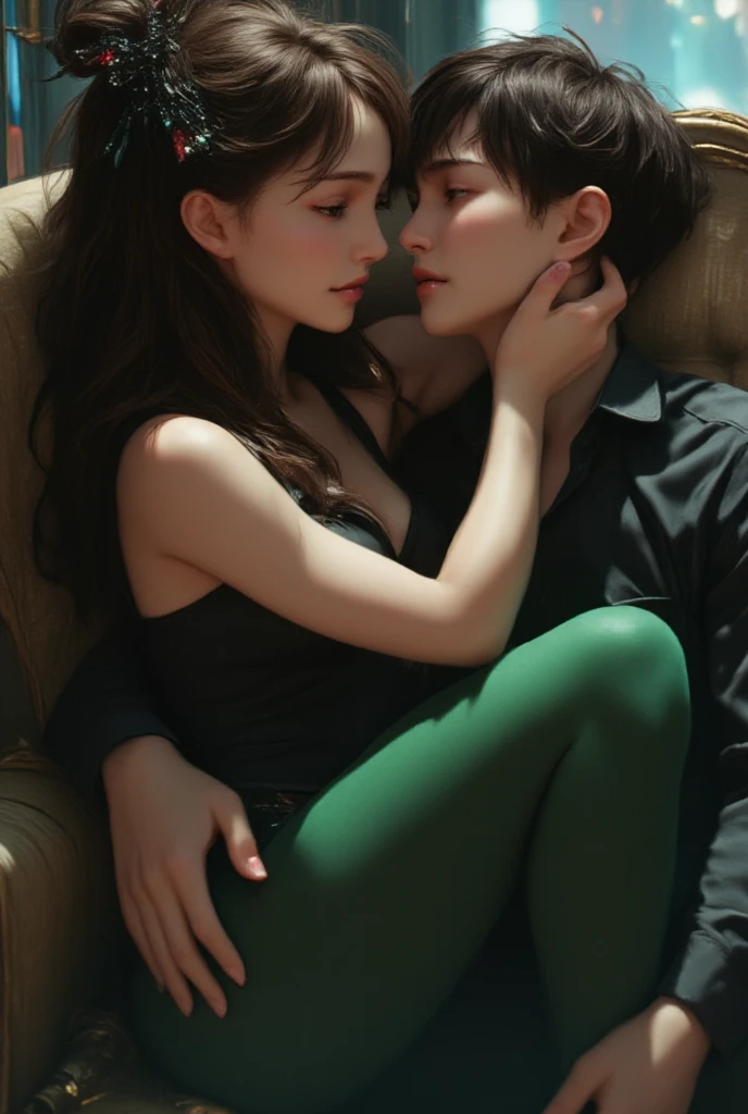 brunette in green stockings and a black shirt is sitting on the couch having sex with a Korean man with short brown hair,  romance novel cover , wlop and andrei riabovitchev , charlie bowater и artgeem,  Edmund Blair and Charlie Bowter  , seductive cyberpunk dark fantasy,  High resolution commission , style of charlie bowater, Чарли Боуотер и Том Бэгшоу hyper  realistic illustration,  realistic illustration, photorealistic detail  , hypper  realistic illustration, extreme realistic detail, photorealistic detail  ed picture, with unreal engine render concept art , ),  Ultra-detailed and beautiful face,(  Gentle facial expression  :1.1), translucent white skin ,( realistic skin texture:1.1), , Bold design  , art design  ,красивый and detailed pattern,  detailed fabric texture , ((1 man, 1 girl)) ( romantic sensual scene for a novel  :1.1)  realistic image , masterpiece,  artwork,  hyperrealistic , rendering ,  realistic physical rendering ,  photorealistic rendering ,  highly detailed ,  high-quality render ,  architectural rendering ,  very realistic 3D render ,  realistic image ,