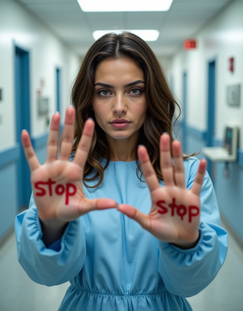 Young Argentine beautiful 23-year-old woman with long wavy brown hair falling naturally around her shoulders, stands directly facing the camera in a serious, powerful pose. She wears a light blue hospital gown with white trim, slightly oversized and loosely tied at the back, draping over her frame to emphasize vulnerability and authenticity. Her right hand is fully extended toward the lens in a “stop” gesture, palm flat and fingers spread wide. The word "STOP" is written boldly in red marker on her palm, with smudged, blood-like drips trailing from the letters, creating a visceral, haunting effect. Her left arm hangs naturally at her side, while her unwavering gaze locks directly on the camera, her expression focused, determined, and urgent.

The scene is set in a hospital emergency room, with a clean, clinical backdrop. The softly blurred environment includes white and light blue walls, a partially visible gurney with crisp white sheets, an IV stand, and faint outlines of medical equipment, emphasizing the stark reality of seeking help and recovery. Bright, diffused fluorescent lighting illuminates her face and hand, casting soft shadows to contour her features while keeping the focus on the bold "STOP" message. The muted color palette of pale blue and white enhances the striking red marker, which commands immediate attention. The pose and composition are direct, eye-level with the viewer, maximizing emotional impact and delivering the urgent message of the campaign.

Photorealistic and editorial, the image is stark, clean, and confrontational, embodying resilience and the fight to end violence against women.