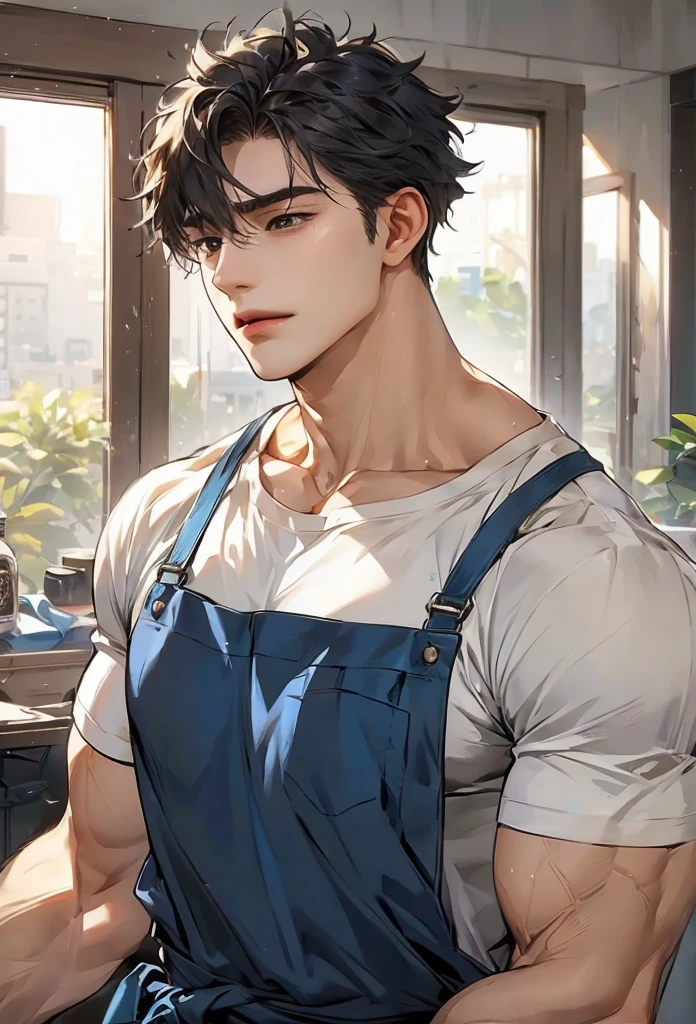 (high quality,high resolution,high detail,masterpiece:1.2), Delicate eyes and delicate face, 1 boy, 18 years old, handsome face, pure and cute face, Detailed face, white T-shirt, Blue apron, cute, Male focus, muscular, muscular male, Chest muscles, black short hair, black eyes, big eyes, detailed eyes, Solo, Solitary, clean arm, clean chest, (sad)