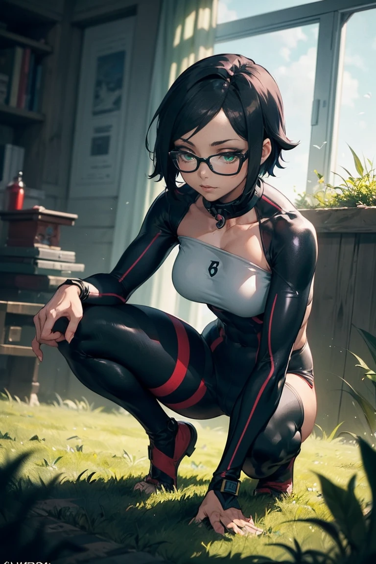 (Sarada Uchiha,short hair,black hair,glasses),full body picture Unreal Engine 5 8K UHD of beautiful girl, green Japanese style long hair, ((wearing futuristic black tight battle suit)), half face mask, (futuristic neck collar), grass green light details, best quality, masterpiece, flexing, slight muscles 