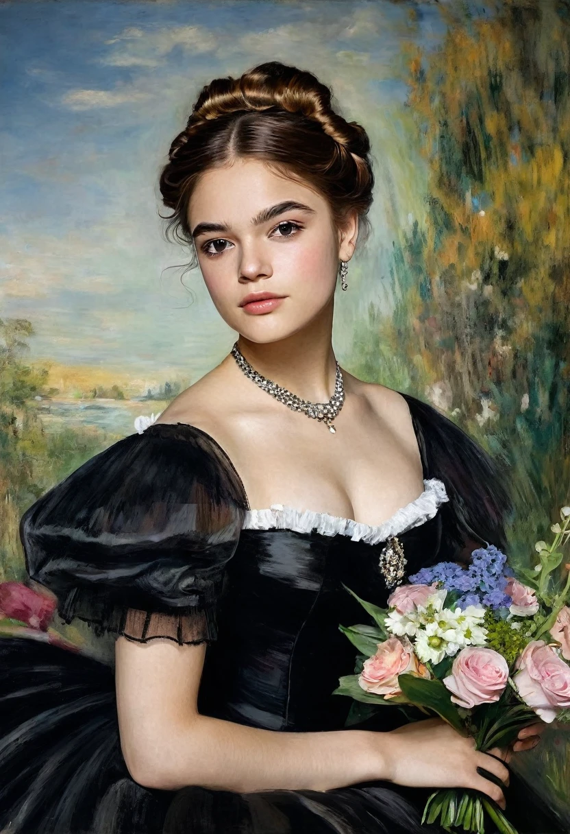 young Sophie Alexandra Skelton in a black dress with a bouquet of flowers, Portrait of an actress, inspired by Franz Xaver Winterhalter , Portrait of Lolita, Auguste Renoir , Degas, portrait of a young empress , young woman , , portrait of young woman