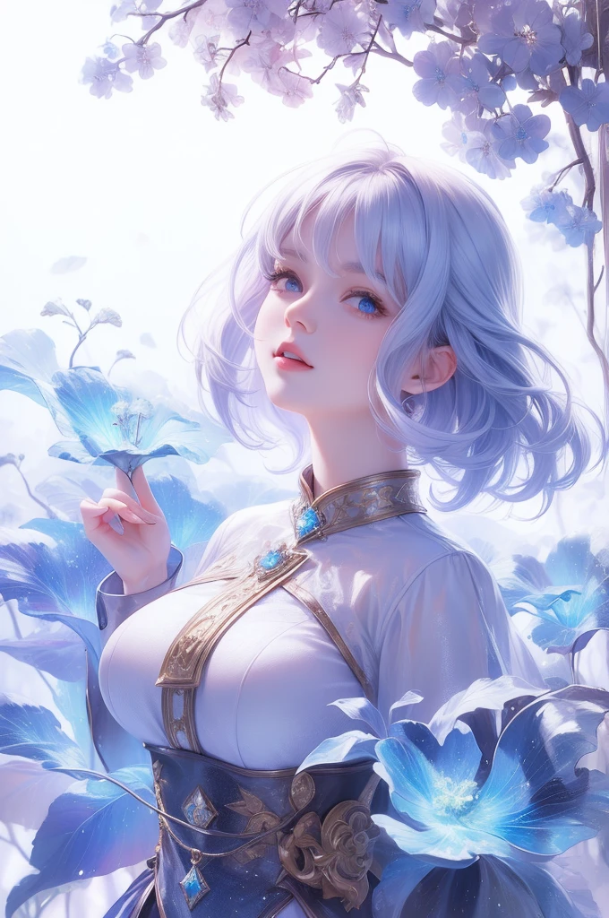 Adult woman, short white hair, blue eyes, ssmile, blue lipstick, The Queen's Transparent Dress, Gold Elements, Sleeveless, big breastes, open breasts, neckline on the chest, hiquality, 4k, HD, Good detail