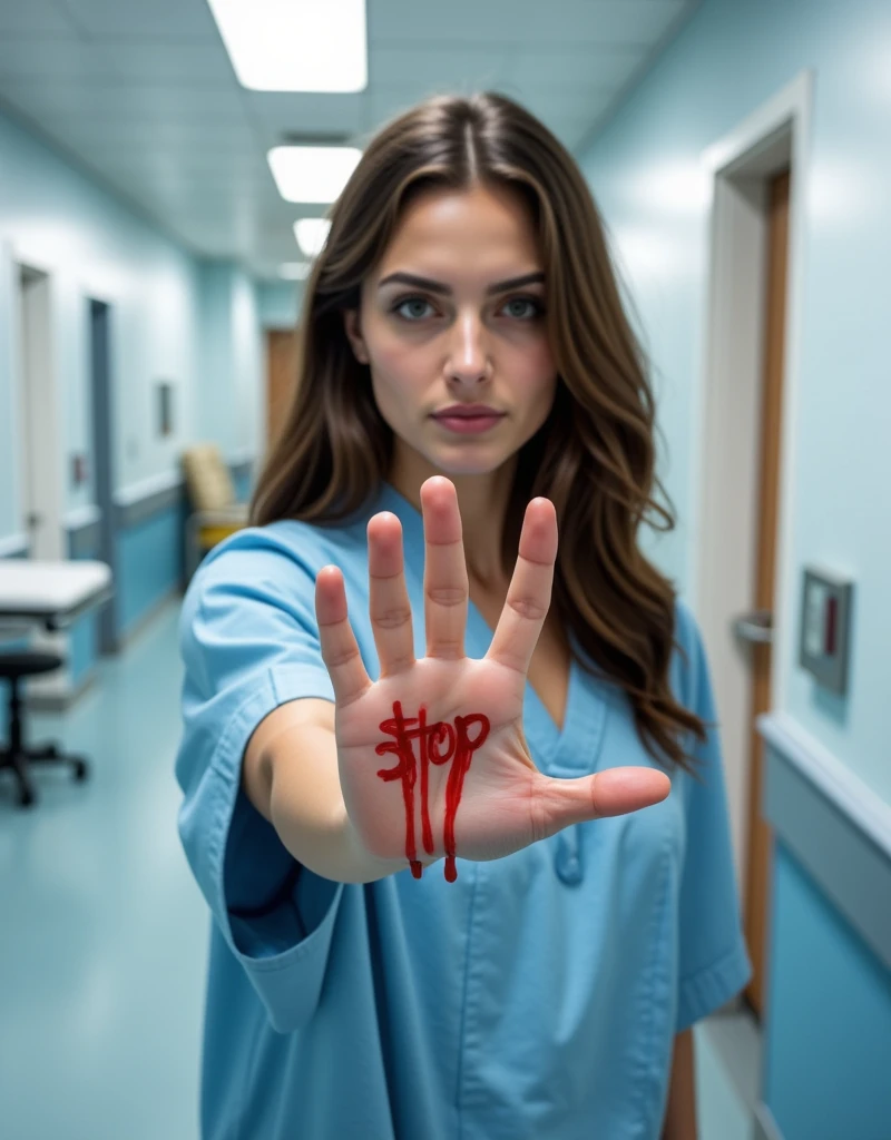 Young Argentine beautiful 23-year-old woman with long wavy brown hair falling naturally around her shoulders, stands directly facing the camera in a serious, powerful pose. She wears a light blue hospital gown with white trim, slightly oversized and loosely tied at the back, draping over her frame to emphasize vulnerability and authenticity. Her right hand is fully extended toward the lens in a “stop” gesture, palm flat and fingers spread wide. The word "STOP" is written boldly in red marker on her palm, with smudged, blood-like drips trailing from the letters, creating a visceral, haunting effect. Her left arm hangs naturally at her side, while her unwavering gaze locks directly on the camera, her expression focused, determined, and urgent.

The scene is set in a hospital emergency room, with a clean, clinical backdrop. The softly blurred environment includes white and light blue walls, a partially visible gurney with crisp white sheets, an IV stand, and faint outlines of medical equipment, emphasizing the stark reality of seeking help and recovery. Bright, diffused fluorescent lighting illuminates her face and hand, casting soft shadows to contour her features while keeping the focus on the bold "STOP" message. The muted color palette of pale blue and white enhances the striking red marker, which commands immediate attention. The pose and composition are direct, eye-level with the viewer, maximizing emotional impact and delivering the urgent message of the campaign.

Photorealistic and editorial, the image is stark, clean, and confrontational, embodying resilience and the fight to end violence against women.