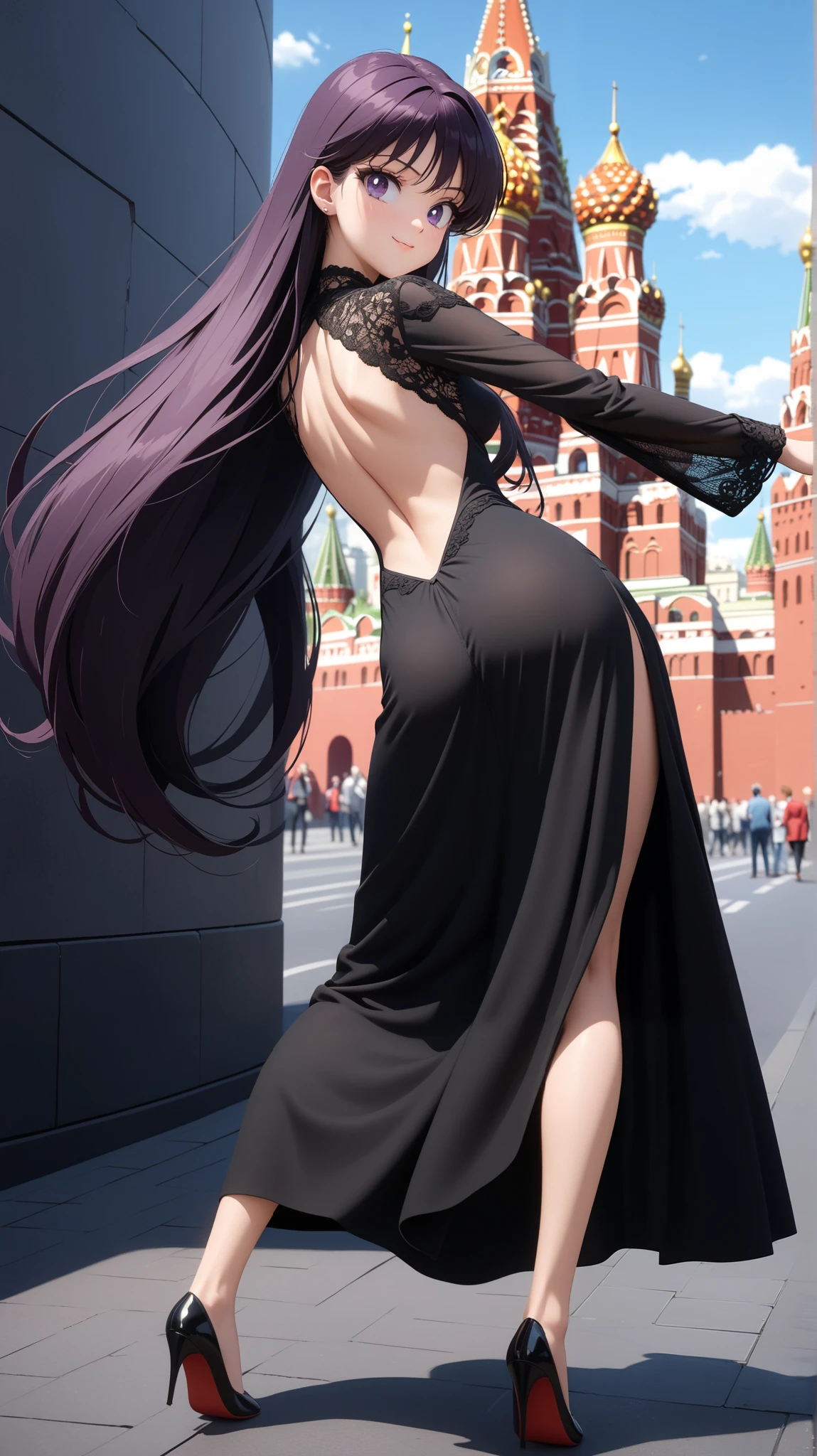 (masterpiece), best quality, very aesthetic, ultra detailed, complex details, 4K, aamars, 1girl, ((full body)) black hair, long hair, purple eyes, small breasts, Womens Backless Lace Trim Midi Long Sleeve Dress, high heels, moscow, day, standing sexy poses, smile