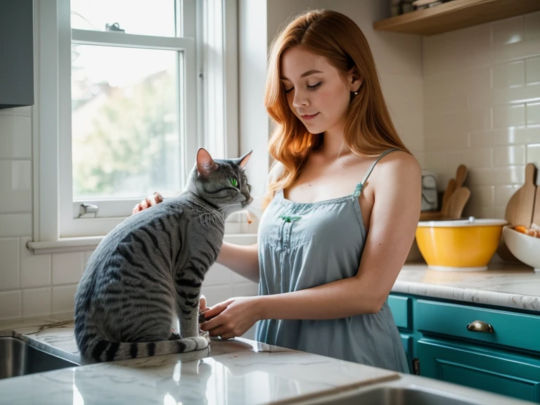 She and ((her cat)) are making dinner, she is short and pudgy, long strawberry blonde hair, light green sundress and sandals, bright kitchen, frying pan, mixing bowls, sun streaming through window, ((large blue-gray cat)), (Cat on kitchen counter looking in mixing bowls) 