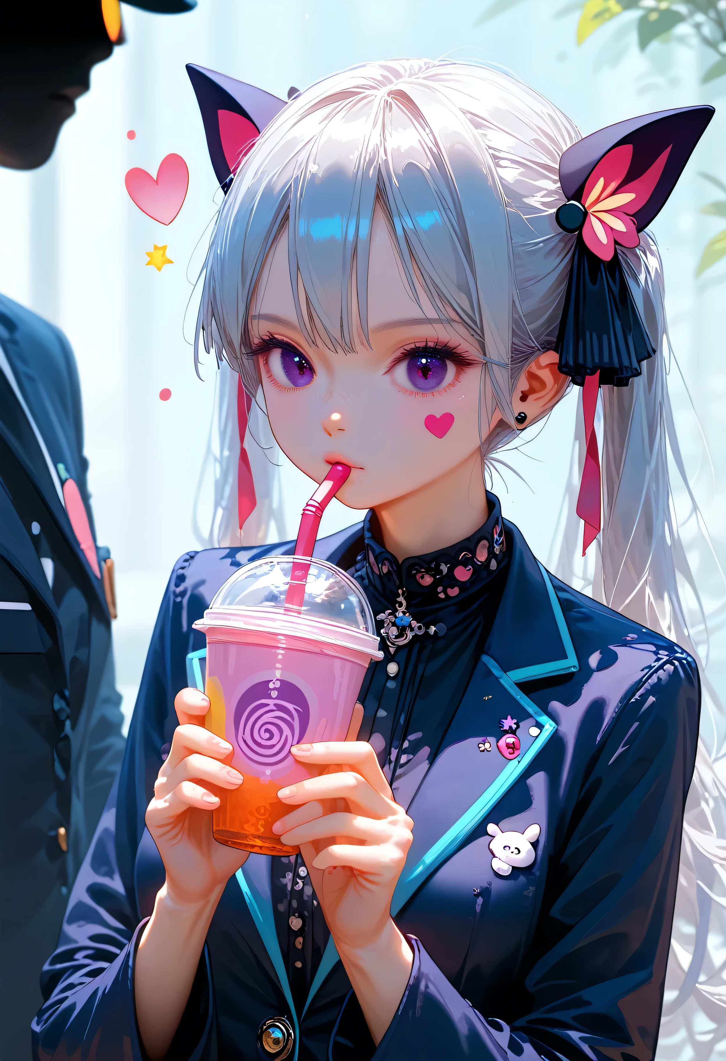 sticker, cute anime girl head , Long silver hair hairstyle , Purple Eye ,black ears, wearing a black dress , Drinking tea, , fondo blanco, Brilliant pink, simple, full coat, detailed drawing, Vectorized, Silhouette, 8K, professional decal design, flat design, Vector lines, sticker, drawing, drawing, full hd