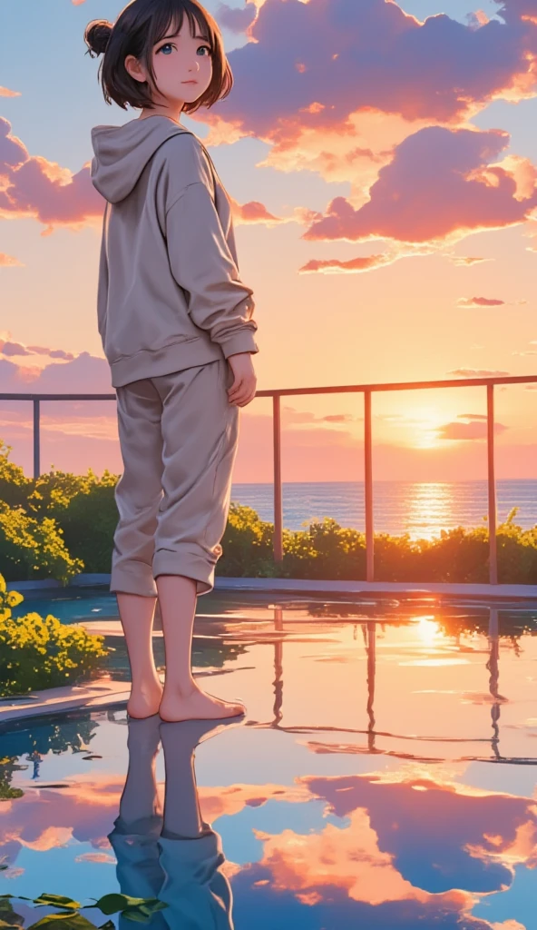 masterpiece,   best quality ,  movie stills ,  Shadows Phantom 、 anime style、Illustration、 1 girl,  Relaxed Hoodie、７Cropped trousers、denim、 Sky Reflected on Sea Surface 、Mirror-like water surface、Reflective water surface、I can see your ankles、barefoot、sunset、Beautiful sky, close,  bright ,  happy ,  Warm Soft Lights , sunset, (:0.7)