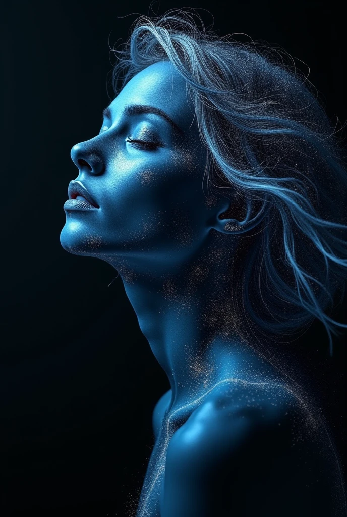 A striking image of a woman's profile, rendered in a glowing blue neon style against a dark background. The woman has long, flowing hair made of light, with delicate, ethereal strands swirling around her head. Her facial features are serene and calm, illuminated by the neon light that outlines her profile. The overall effect is otherworldly and captivating, creating a sense of both tranquility and energy. The background is dark, making the blue neon light stand out vividly