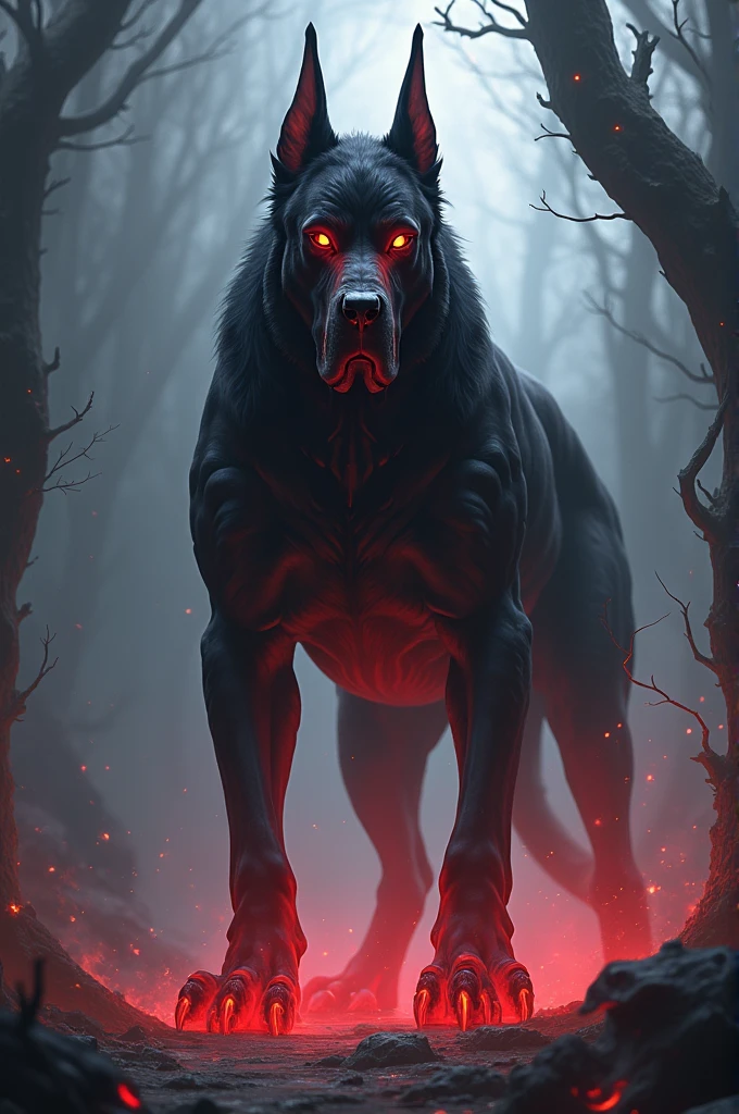 (medium full shot) of (terrifying werewolf), jet black fur, glowing red eyes, wearing shredded shirt,  enchanted talisman,  set in  a dark clearing with dense fog, faint whispers, the feeling of being watched , at midnight, Masterpiece,best quality, photo, realistic, very aesthetic, detailed face,