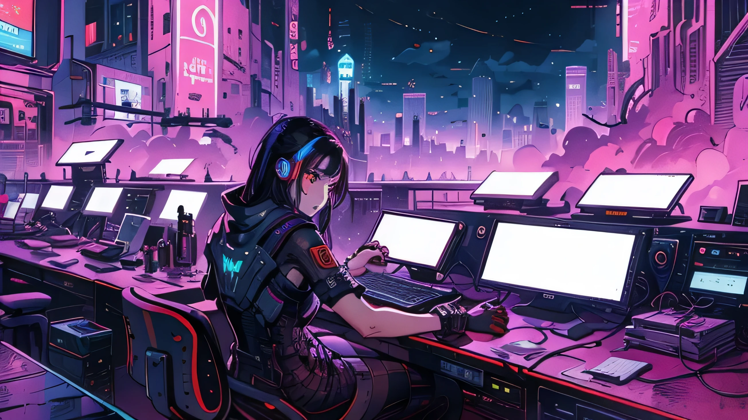 Pretty cyberpunk woman sitting at a monitor bank, 11 blank monitors, sci fi,