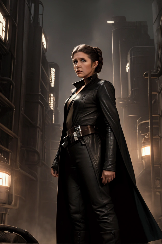 Create an image featuring two characters in a dark, futuristic setting. One character is a man Young Harrison Ford as Han Solo with short brown hair, brown eyes and a long, black coat. The other character is a woman Young Carrie Fisher as Young Princess Leia with long, brown hair, wearing a fitted black leather outfit and also sporting headband.CGI animated style, they are standing close together, exuding a sense of confidence and readiness for action, with a moody, industrial background that hints at a high-tech environment. Play with dramatic lighting to enhance the intense atmosphere of the scene.