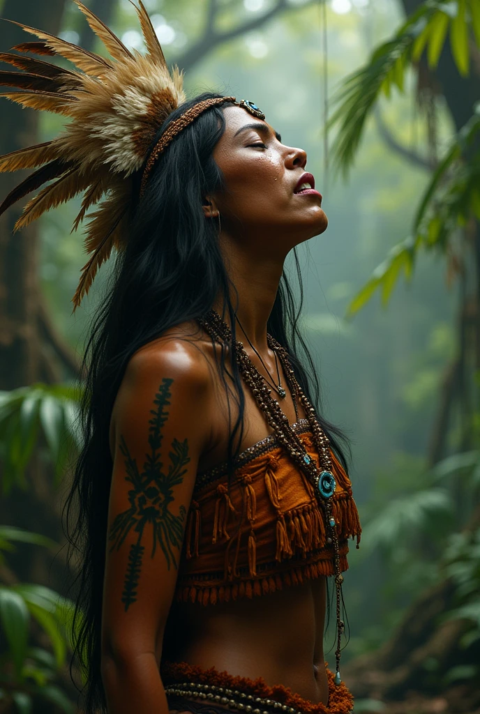 extremely detailed woman in jeans and t-shirt is victim of ritual,wearing a beautiful headdress and traditional indigenous makeup. The scene is of the highest quality, with 4k resolution and ultra-detailed visuals. The woman's facial expressions and body language depict her struggle and fear, while her eyes reflect the intensity of the situation. The lighting is atmospheric, casting eerie shadows throughout the bog. The colors are vivid, with a focus on earthy tones to enhance the natural environment. red, green, blue