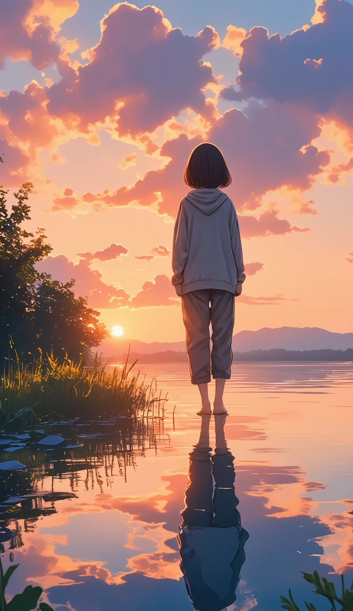 masterpiece,   best quality ,  movie stills ,  Shadows Phantom 、 anime style、Illustration、 1 girl,  Relaxed Hoodie、７Cropped trousers、denim、 Sky Reflected on Sea Surface 、Mirror-like water surface、Reflective water surface、I can see your ankles、barefoot、sunset、Beautiful sky, close,  bright ,  happy ,  Warm Soft Lights , sunset, (:0.7)