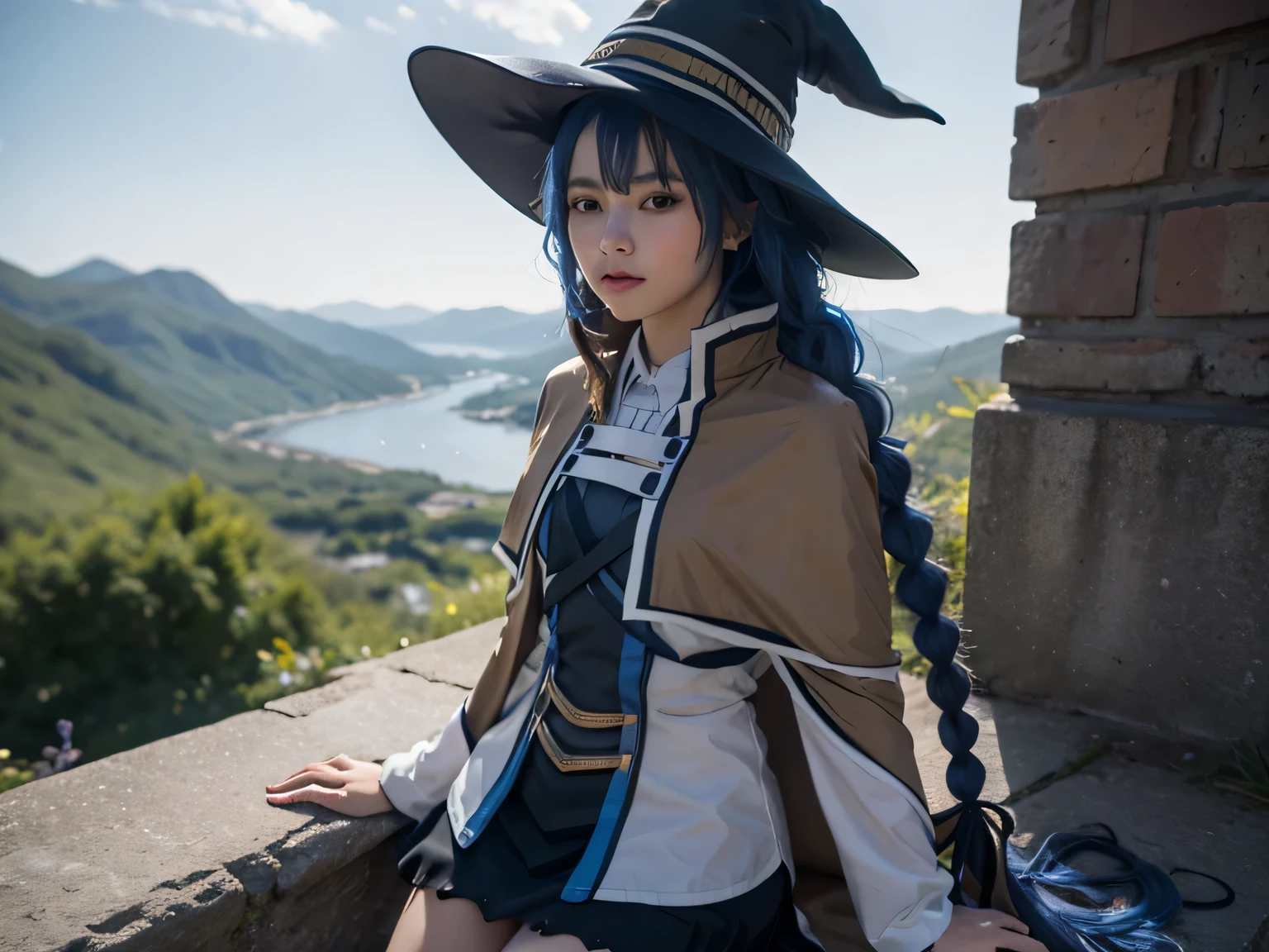 masterpiece, best quality, 1girl,witch hat, blue hair,very long hair,twin braid, hair ribbon, blue eyes, brown cape, long sleeves, black skirt avec un fond de paysage de compagne