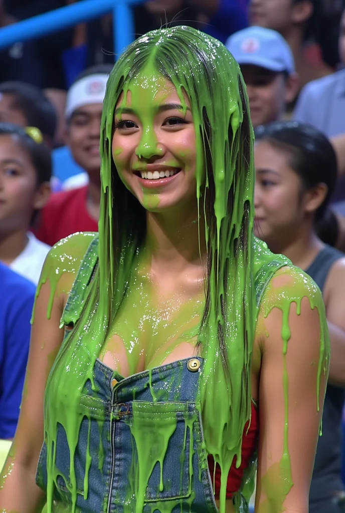 Film Portrait photograph of Asian woman covered in green slime. hyper-realistic style. 8k. Photorealistic. Glistening slime. Green slime. Dripping slime. Raw photo. Asian Instagram influencer. Asian model. Asian. (Asian girl: 1.1). F/1.4 aperture. 35mm. Denim overalls. Cleavage. Wet. Messy hair. Slime on face. Asian eyes. Gameshow. Crowd in background. Film photograph. Film grain.