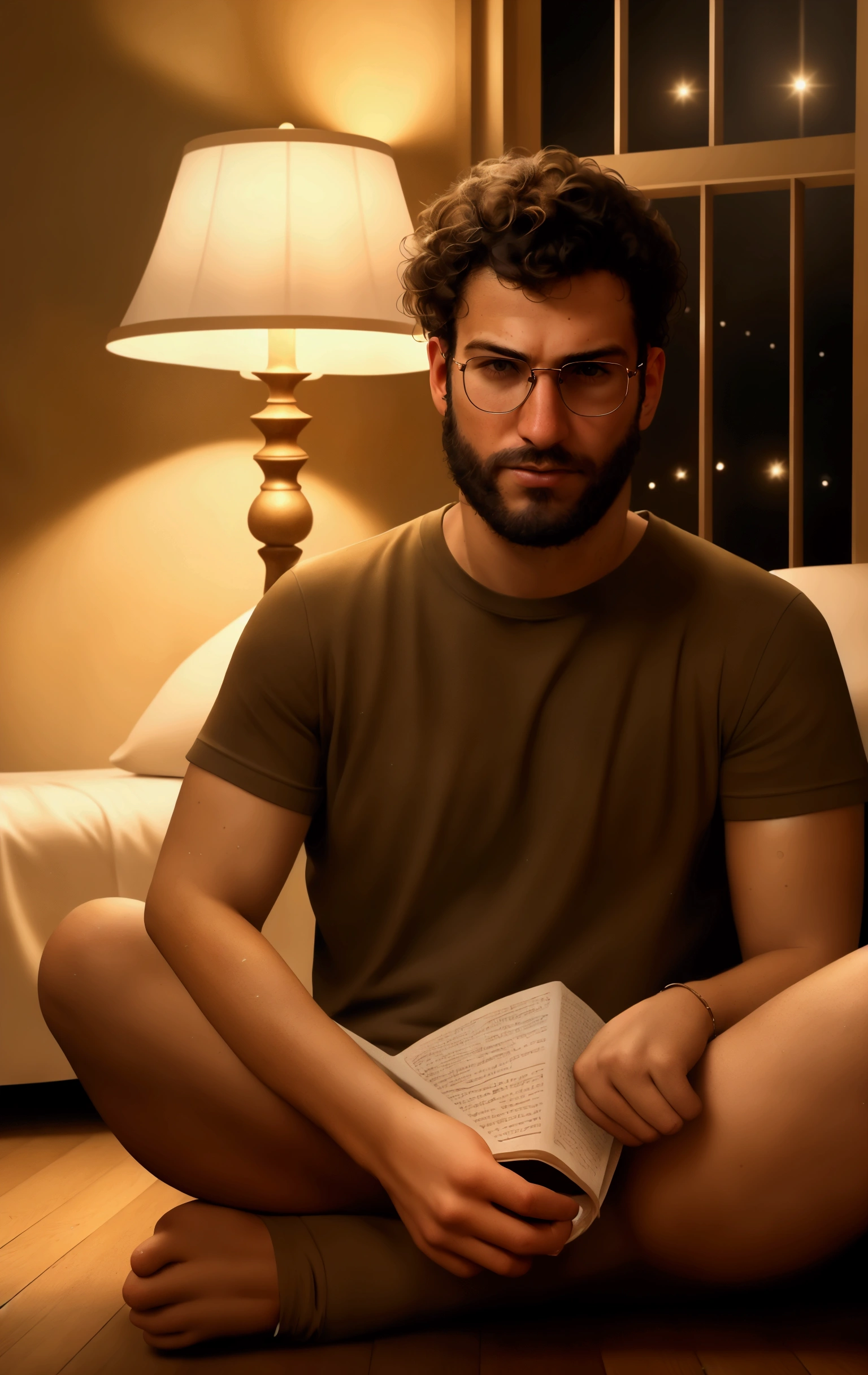 An ultra-realistic photo of a cinematic scene of a 30 year-old man with unruly, curly black hair reading. The man, wearing a soft t-shirt and glasses, sits cross-legged on a cozy bedroom floor. The room is bathed in the golden glow of a Floor lamp, with a starlit night sky visible through the window 