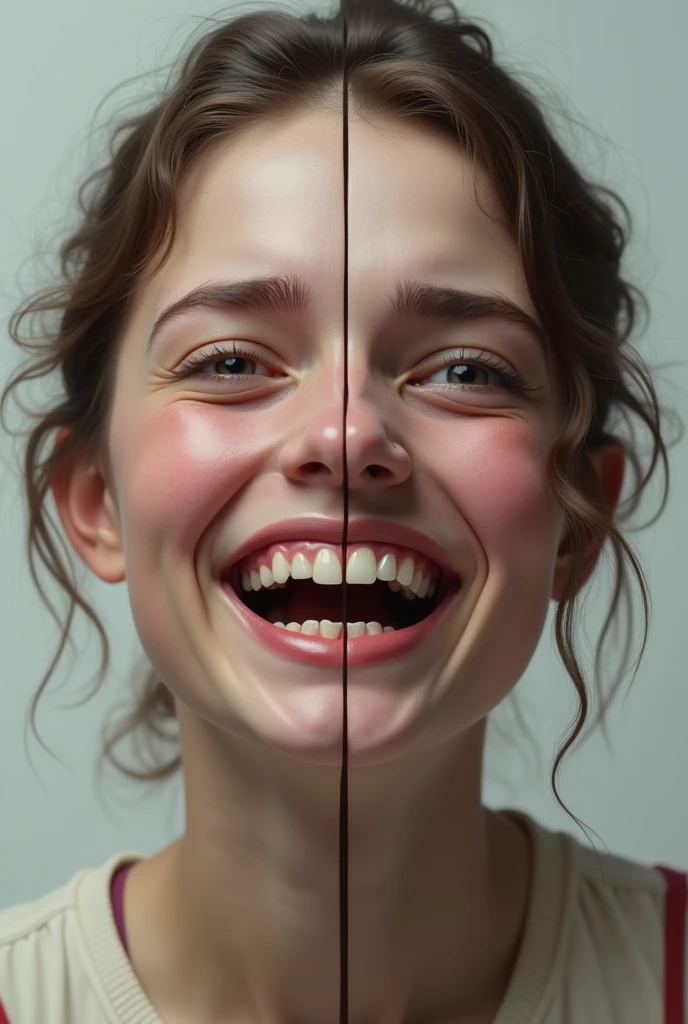 Half of a sad face half smiling and the other half of a smiling face