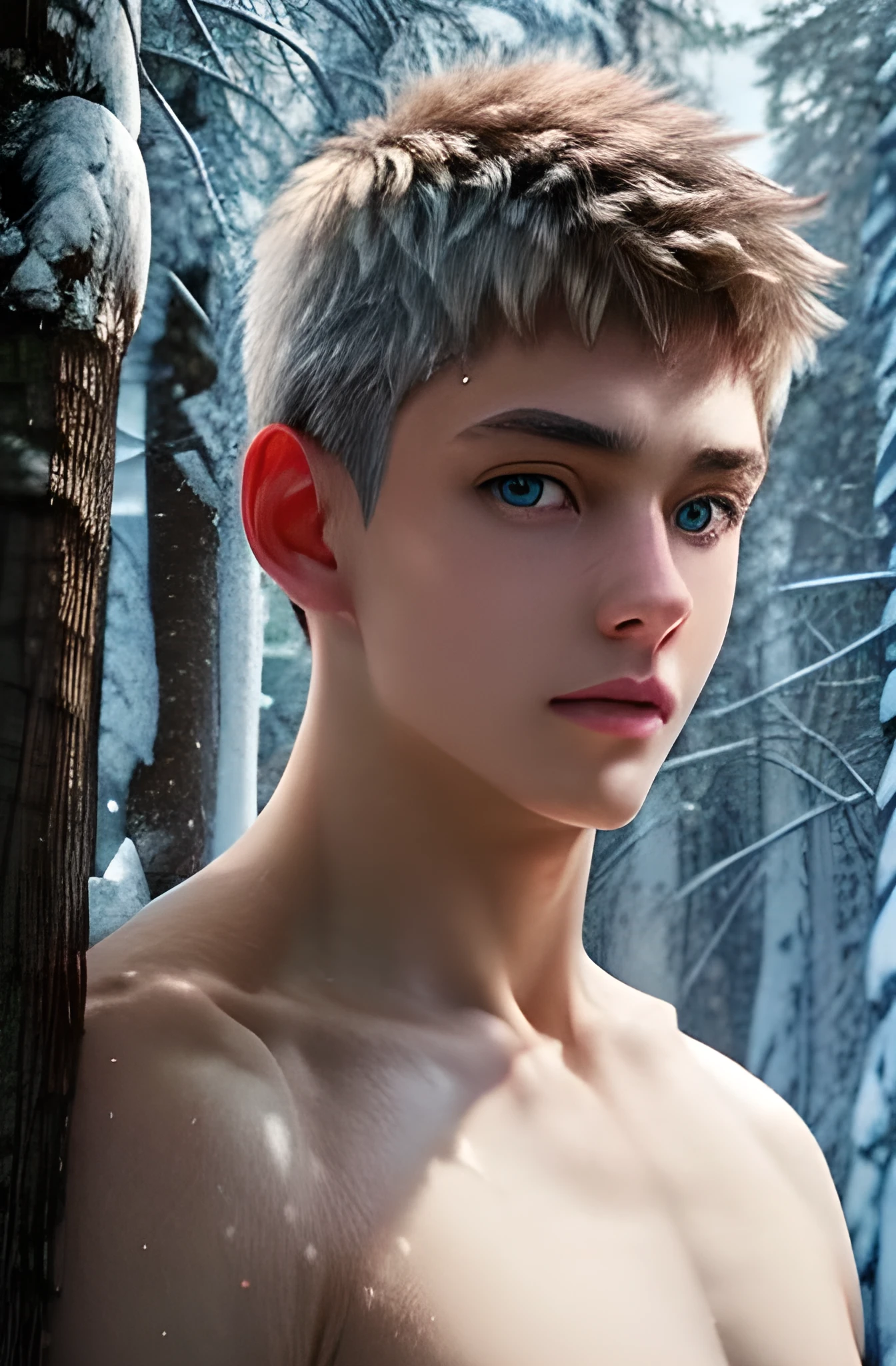 Human-boy, 18-years old boy, ethereal beauty, white messy hair, blue-colored eyes, (deep blue eyes, finely detailed blue eyes), (detailed face), pale skin, (white skin), ethereal beauty, defined body, (detailed body: 1.4), wearing only pants, (shirtless:1.3), playful smile, naughty look, winter forest background, ground covered in snow, (full body shot, medium shot: 1.5), (masterpiece, best work, high-resolution: 1.6), (realistic skin textures), cool colors,