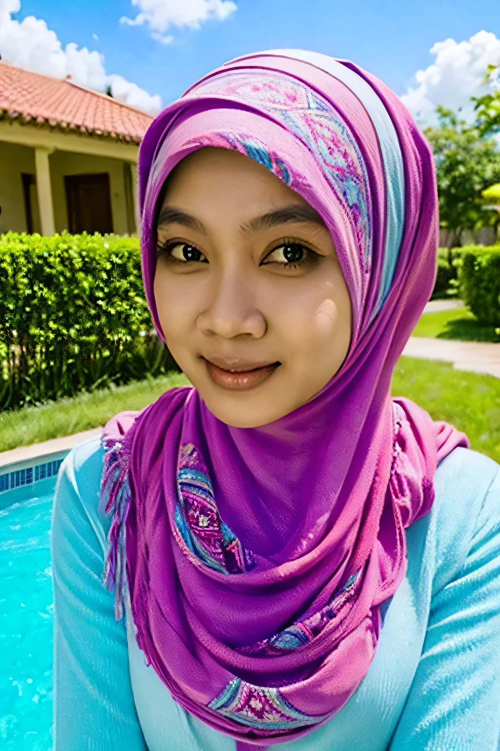 super HQ photo of an indonesian Muslim model 30yo, with a medium smile, focus on nose shape, wearing an abstract patterned hijab. He stands by the pool in the background. This luxurious house with views is illuminated by the morning sun which also emits a warm glow. Photos have original photo quality and are in K 64 format. ((white perfect skin)), cool filter