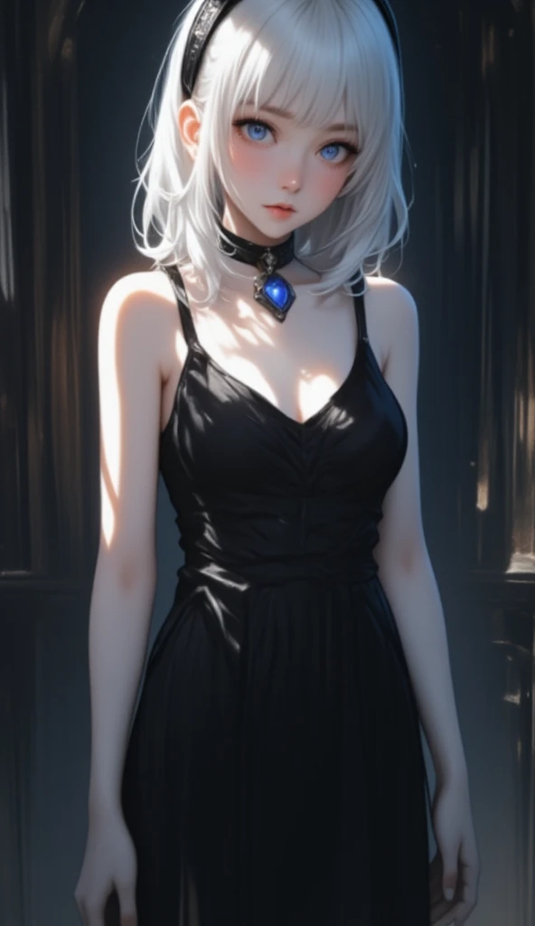   girls get naughty、anatomy、Angle above the knee、albino:1.3、   Unrivaled Beauty 、Only 16、 silky white hair 、 Clear blue eyes 、    plump lips 、 long black dress 、  black choker  、Sapphire Pendant、  standing、 beautiful skin 、Dark Skin、  small breasts、that&#39;that&#39;  smaller、silence、  RAW photo、 best quality、ultra    Down High Definition  、   Down High Definition  、masterpiece:1.3、８ｋ、professional photographer、
