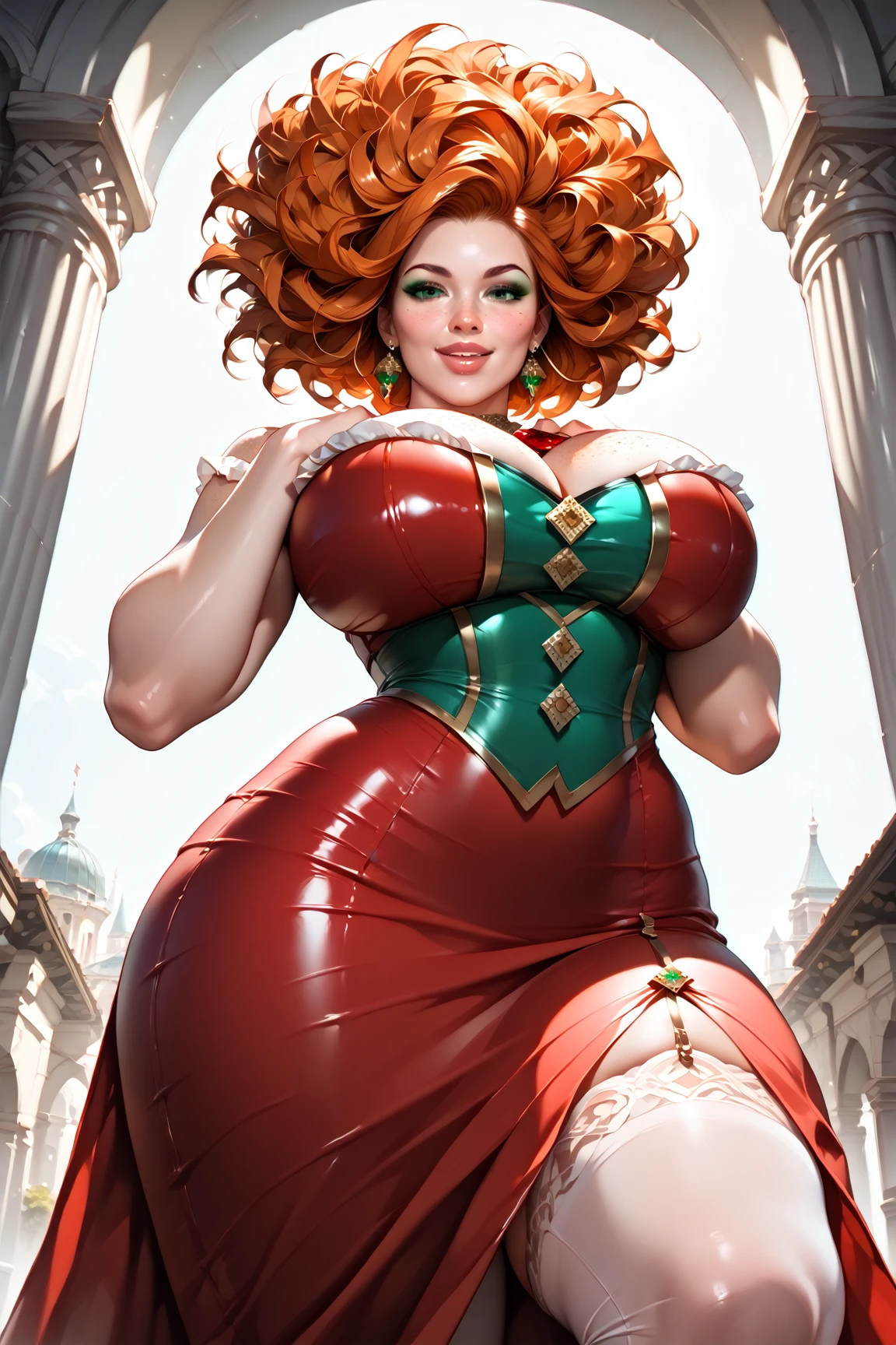 totally (naked) beautiful ginger ((dwarven woman)) in her 30s, with green eyes and striking features, exuding maturity and allure in a seductive pose.(dark-red background),(dwarf) female ,curvy, thick, chubby, short hight , small,chibi, beauty, ginger braided hair, (((short stature))),