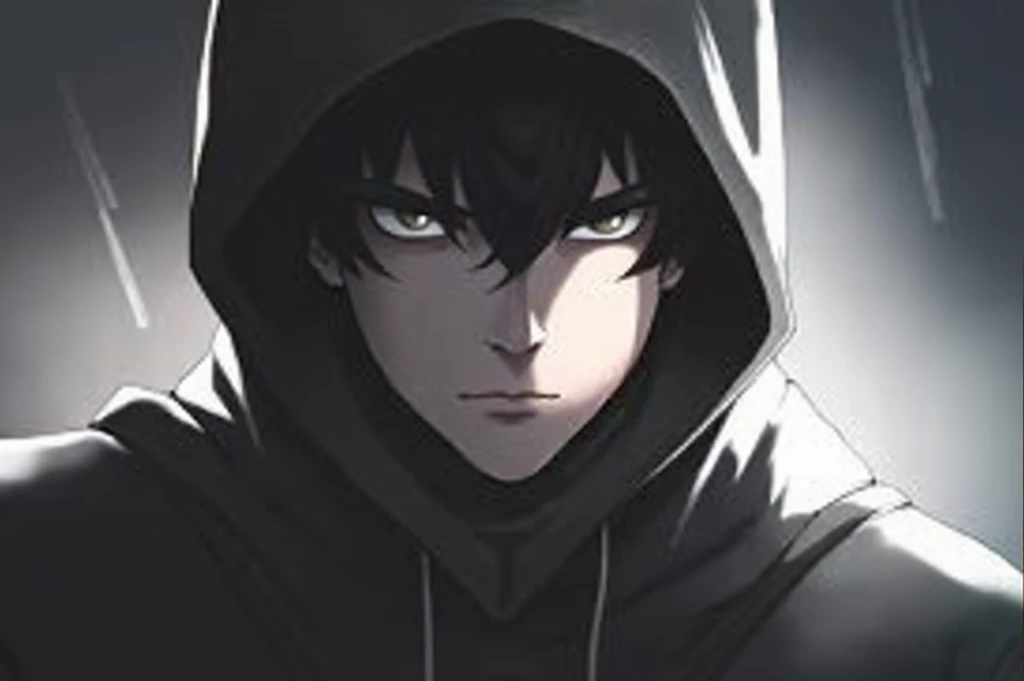 Black background, A man on half a vertical face skull, in black clothes, black hair, In the hood