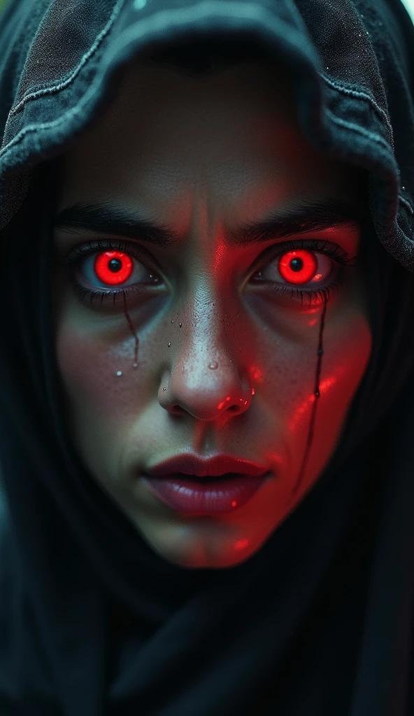 Create an image focused entirely on a woman's eyes with a penetrating and mysterious gaze. Your eyes should have an intense red iris, emanating a subtle glow that suggests power and mystery. The skin around the eyes is smooth, with arched eyebrows that add an expression of strength and determination. The background must be dark, quase negro, to further enhance the contrast with the bright eyes. The light should be soft, just subtly illuminating the facial features, creating an enigmatic and engaging atmosphere.