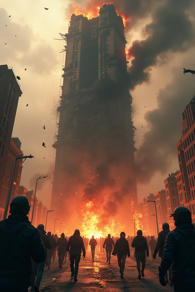 Image of the apocalypse, crumbling buildings, rubble, fire+, billowing smoke, people running+, fear+, overturned cars, epic realistic, hdr++, abandoned, neutral colors, night, screen space refractions, (intricate details)+, intricate details+, hyperdetailed+, artstation, cinematic shot, vignette, complex background, teal and orange, technicolor,