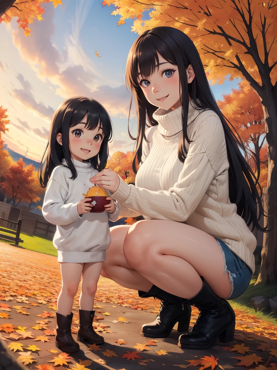 (   super flat   ，   flat shading   ，   Flat Color  ), (close),     fisheye lens  ，cute fat mother and cute daughter，   short ，   flat chested，    Thin Thighs   ，   warm oversized sweater   ，   muffler    ， long hair,     boots, smile, smile，fun，play，autumn，autumnのきれいな紅葉,  dusk，  beautiful sunset  ，Wide angle,     bright color , watercolor,  Ghibli style，    girl&#39;Lure，