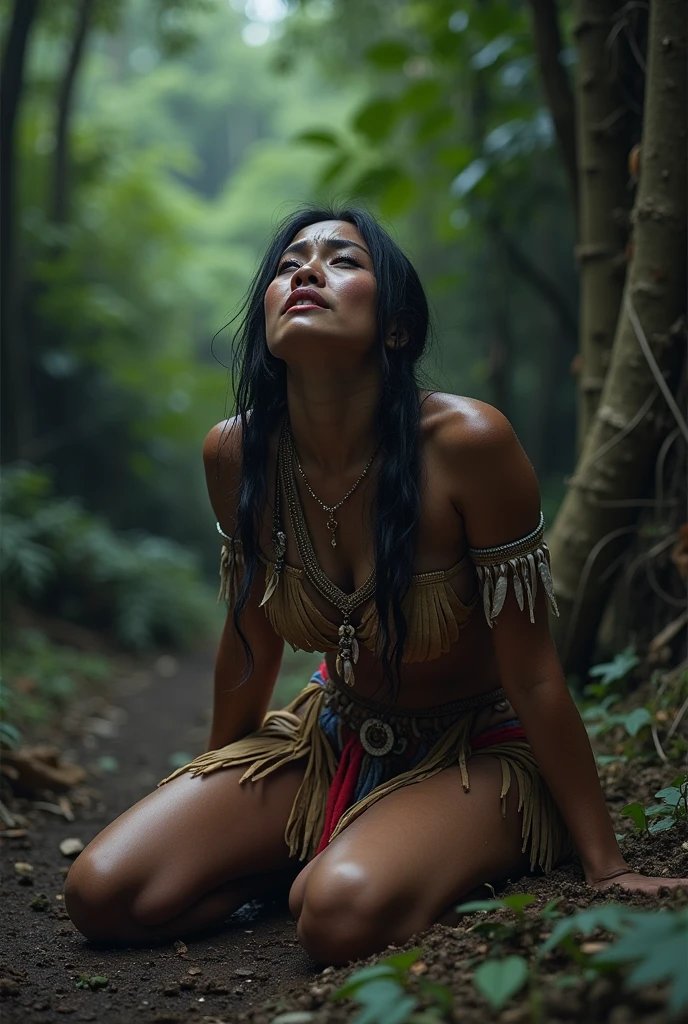on date, with 3 girls, , viking dark black girls, viking clothes, capturd slave in chain, 4 feet tall, messy hair, pony tail, braided hair, no bra, , 95 lbs, getting raped in woods, group of guys, camp fire in back ground, ashamed look on face, scared look, look of shock in her eyes, cum on , cum on pussy, pov, looking at you, , , , naked, mediveal clothing. The image is of super-realistic quality, resembling a photograph. It is a masterpiece with high resolution and precise detailing. The colors are vivid and the lighting is perfectly captured.