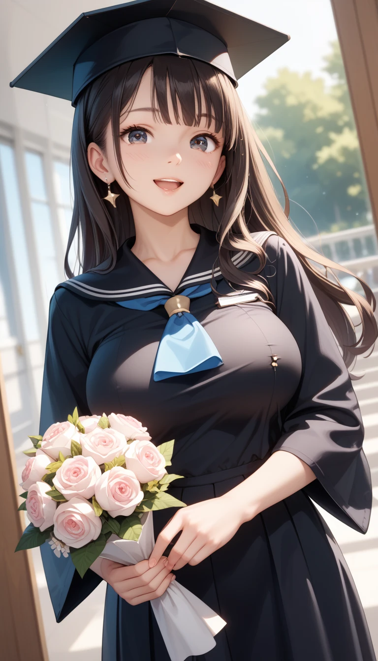 masterpiece, best quality, highly dramatic picture, beautiful eyes, cinematic lens effect, big beautifully shaped breasts , ultra cute, ultra sexy, ultra bouncy , ultra curvy, horny, pervert, dutch angle, ((Busty Bitches)) , ((Graduation)), ecchi girl, black graduation gown, black graduation cap, long hair with coloured streaks, excited, holding diploma, bouquet 