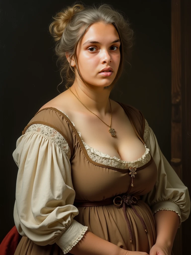 award winning epic masterpiece conveying a sense of sensuality, full body shot photo of a feverish pretty irish peasant girl in the 19th century, getting undressed, undressing in a dark poor room, intricately detailed, exquisite natural lighting, cinematic LUT