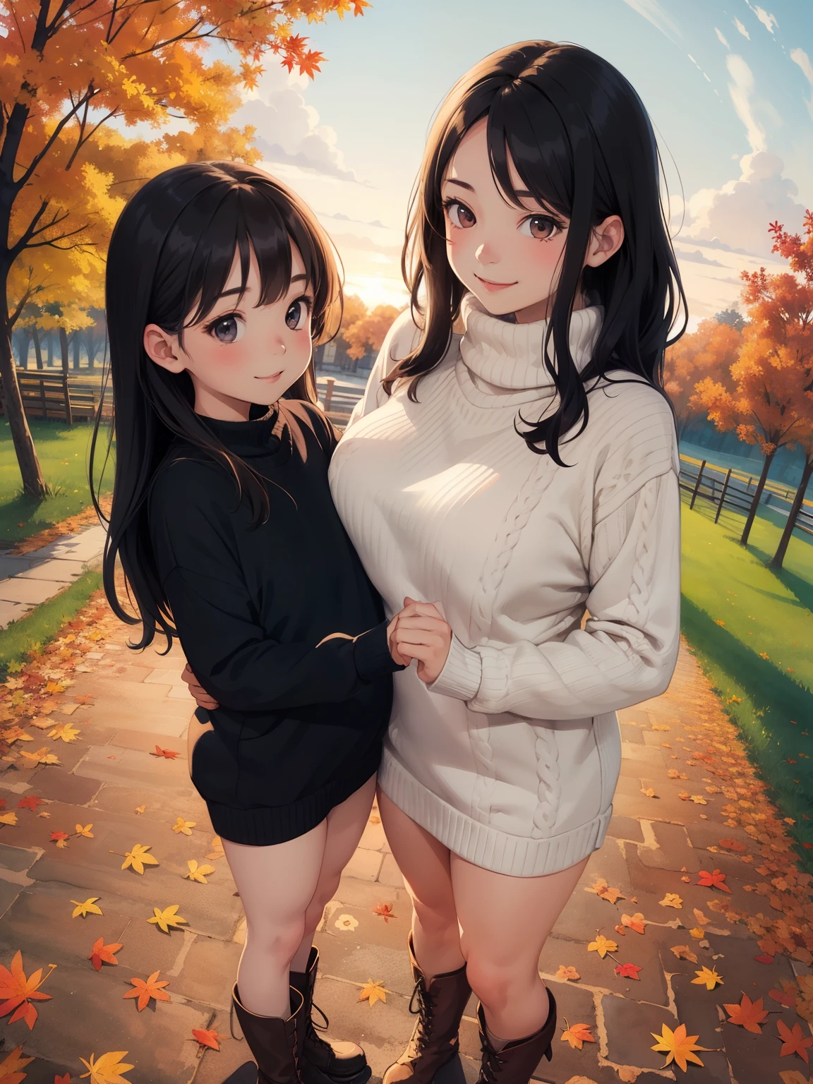 (   super flat   ，   flat shading   ，   Flat Color  ), (close),     fisheye lens  ，cute fat mother and cute daughter，   short ，   flat chested，    Thin Thighs   ，   warm oversized sweater   ，   muffler    ， long hair,     boots, smile, smile，fun，play，autumn，autumnのきれいな紅葉,  dusk，  beautiful sunset  ，Wide angle,     bright color , watercolor,  Ghibli style，    girl&#39;Lure，