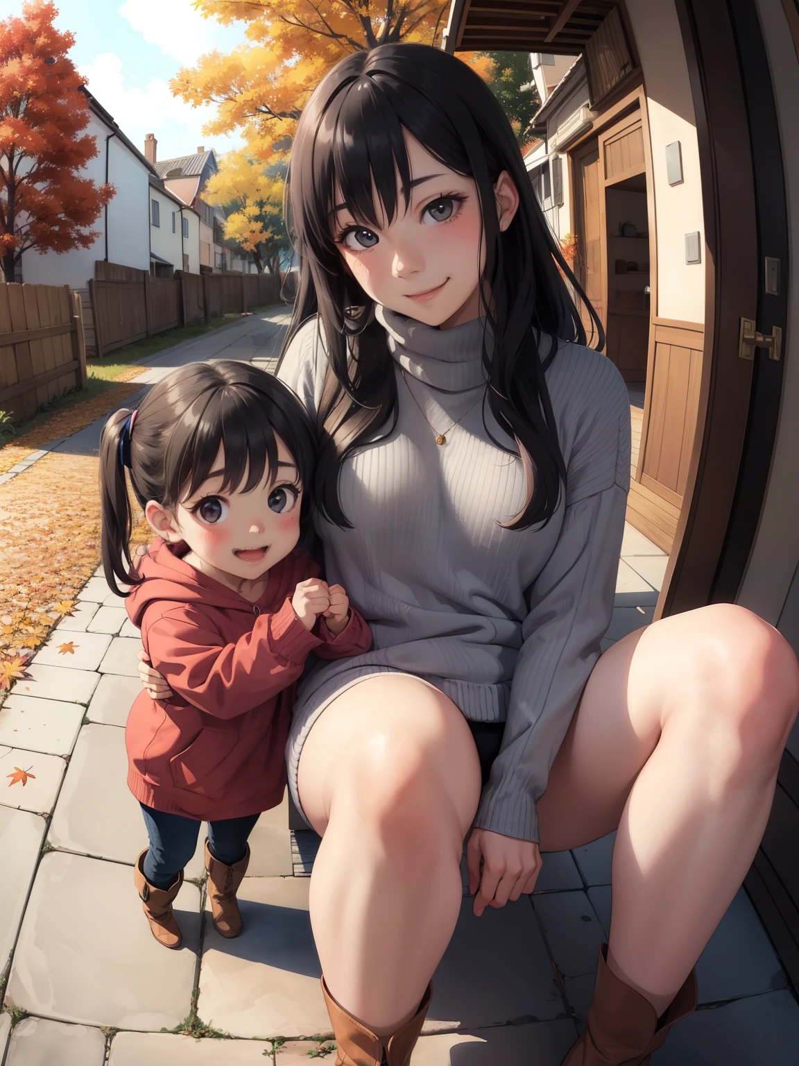 (   super flat   ，   flat shading   ，   Flat Color  ), (close),     fisheye lens  ，cute fat mother and cute daughter，   short ，   flat chested，    Thin Thighs   ，   warm oversized sweater   ，   muffler    ， long hair,     boots, smile, smile，fun，play，autumn，autumnのきれいな紅葉,  dusk，  beautiful sunset  ，Wide angle,     bright color , watercolor,  Ghibli style，    girl&#39;Lure，