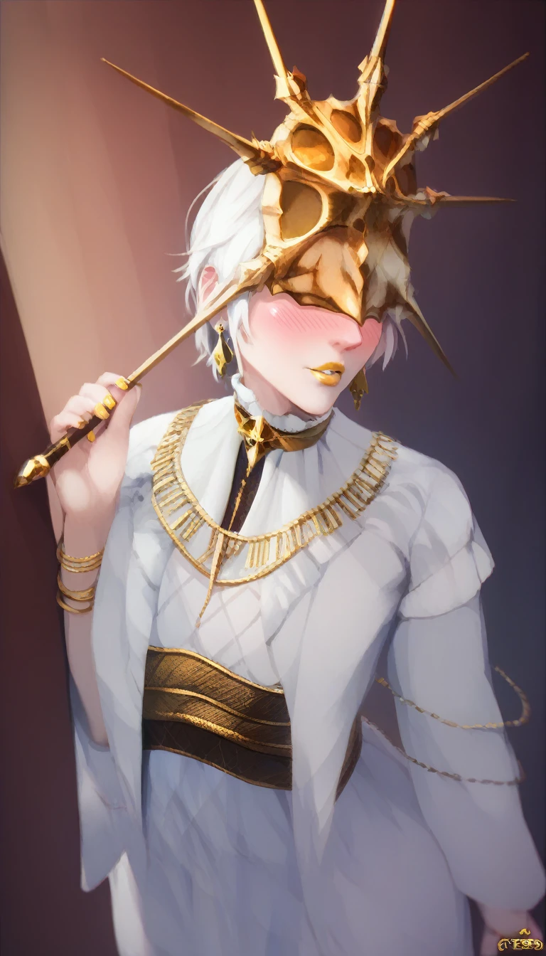 masterpiece , best quality , nsfw, score_9, score_8_up, score_7_up , 1male , weak build body, faminine body , femboy , femby , sissy boy , attractive face, attractive body,  faminine face , faminine skin, massive hips , white hair , gold  fingernails, gold lipstick, gold eyeshadow , attractive linear , attractive eyebrows , pale skin, soft hair, soft lips , attractive eyes , sexy body , girly spades earrings , girly gold bracelets  , attractive diamond choker  , blush  ,  gold mask , white robe ,