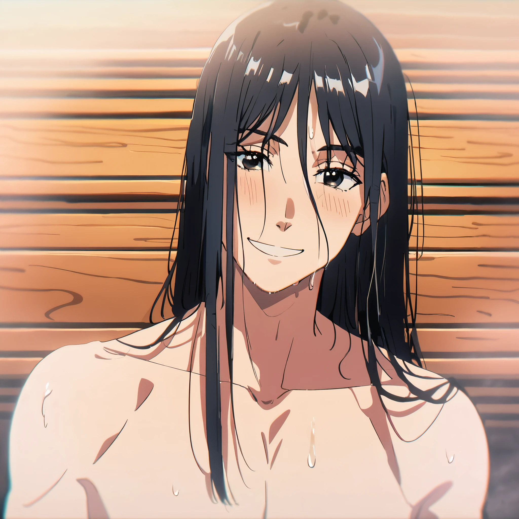 anime image, 1boy, japanese, male, young, straight hair wet down, long hair, black hair, black eyes, smiling, blushing, sauna, shirtless 