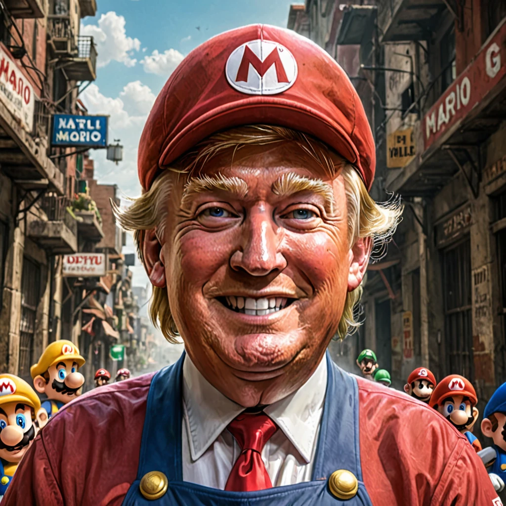 concept art close-up photo of a donald trump as mario, joyful, at a place in mario, looking at viewer, . digital artwork, illustrative, painterly, matte painting, highly detailed, hat with "MAGA" text