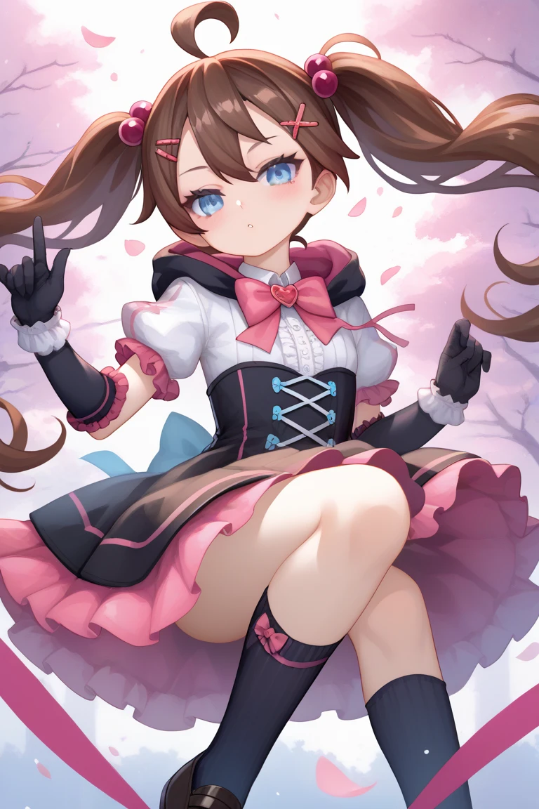 1 girl, Double V, chest, Outdoor, alley, cheerfulness, Kneeling, From above, looking at viewert, After, Long hair, Pink eyes