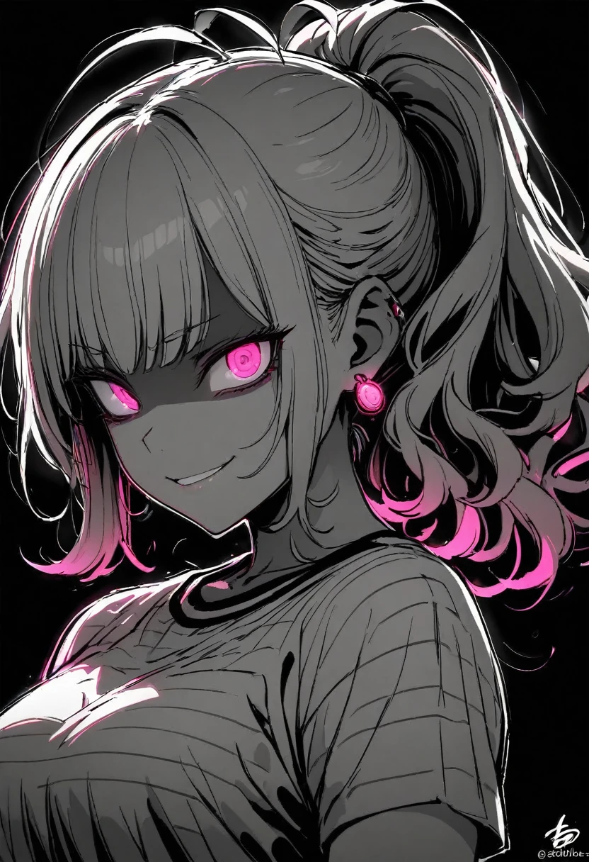 masterpiece, best quality, monochrome, greyscale, ebiblue, gesugao, 
1girl, glowing pink eyes, grey hair, ponytail , (glowing eyes:0.5), earrings, smile, striped shirt,
upper body, looking at viewer, (black background, simple background:1.3), white outline, spot colors, shaded face 