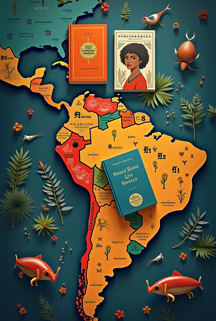 holding an open book with various symbols representing Brazilian culture leaping out of the book's page