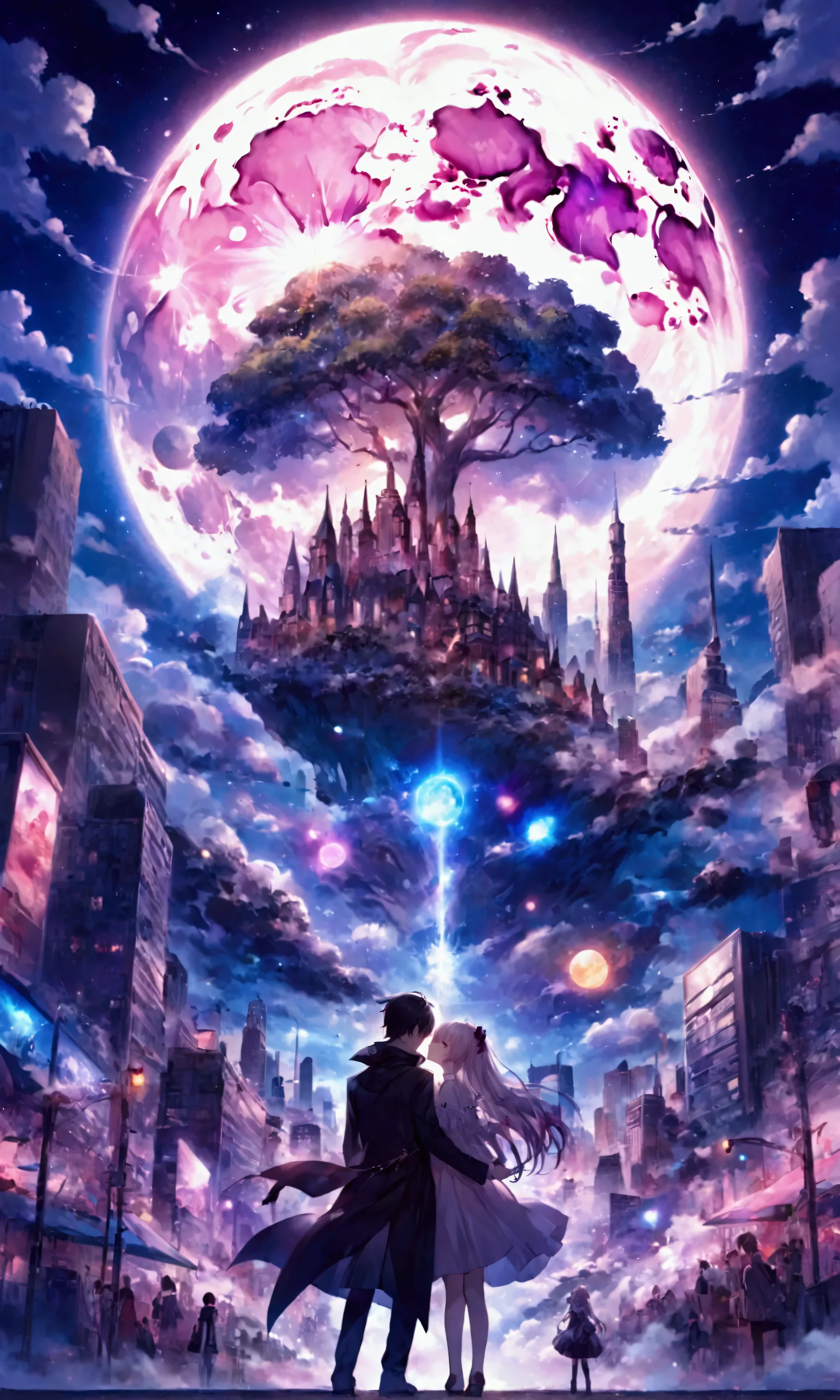   Anime couple in the city at full moon night、beautiful fantasy anime、Epic Light Novel Cover、anime fantasy artwork、  Dream Punk Romanticism Artwork  、Epic Light Novel Cover、アニメkey art、key art、2。5 d CGIanime fantasy artwork、 anime art wallpaper 4k 、 anime art wallpaper 4k 、Anime Art Wallpaper 8K、Key Visual