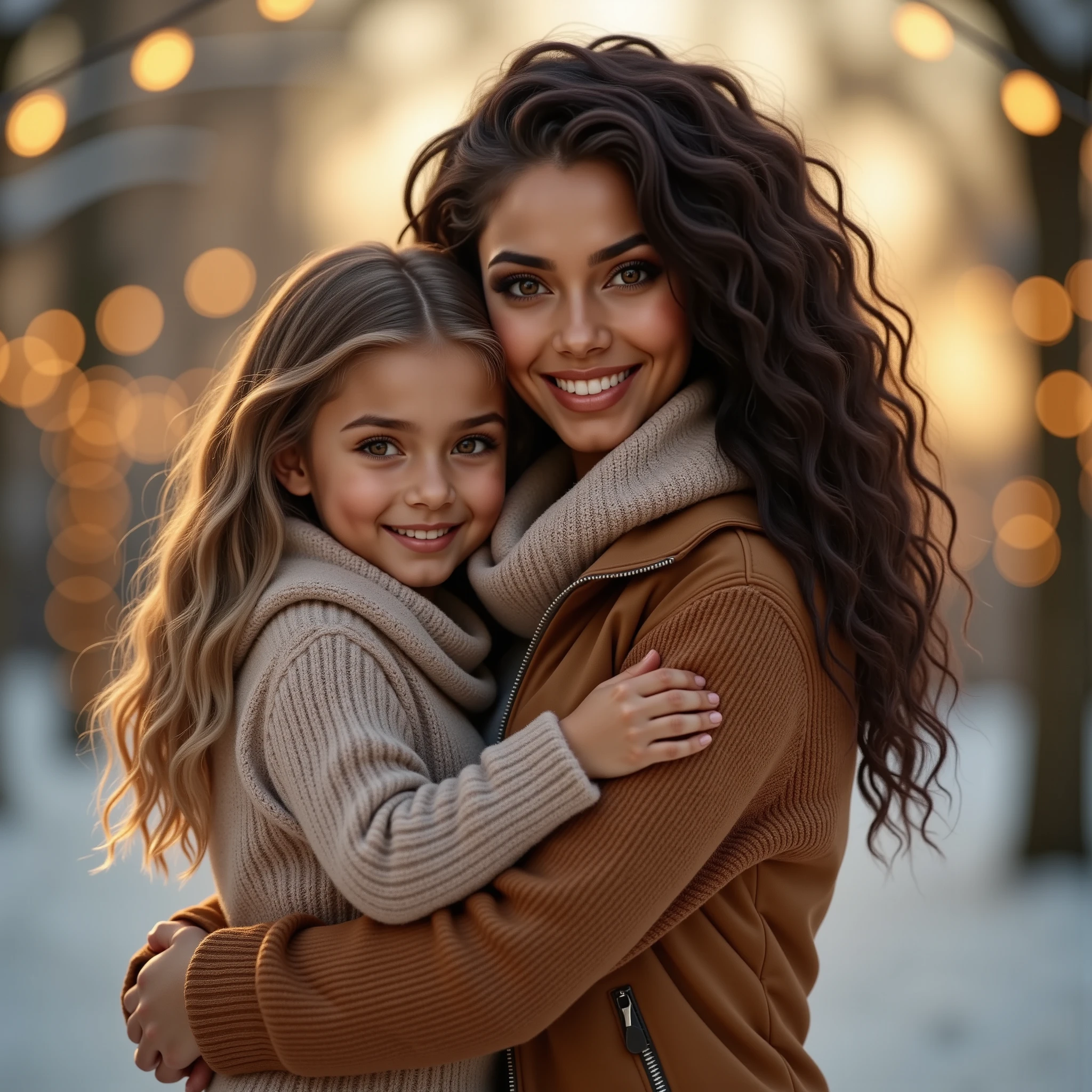 cass13flux, gorgeous woman with caramel brown skin wearing a Christmas turtleneck sweater and a puffer jacket and black leather pants, dark hair, winter, holding with her young blonde daughter, whimsical, intricate brush strokes, beautiful lighting, intricate details, Unreal Engine, creative, expressive, detailed, colorful, digital art, unique, amber twinkle lights in background, sunset lighting, snowing, happy, smiling,