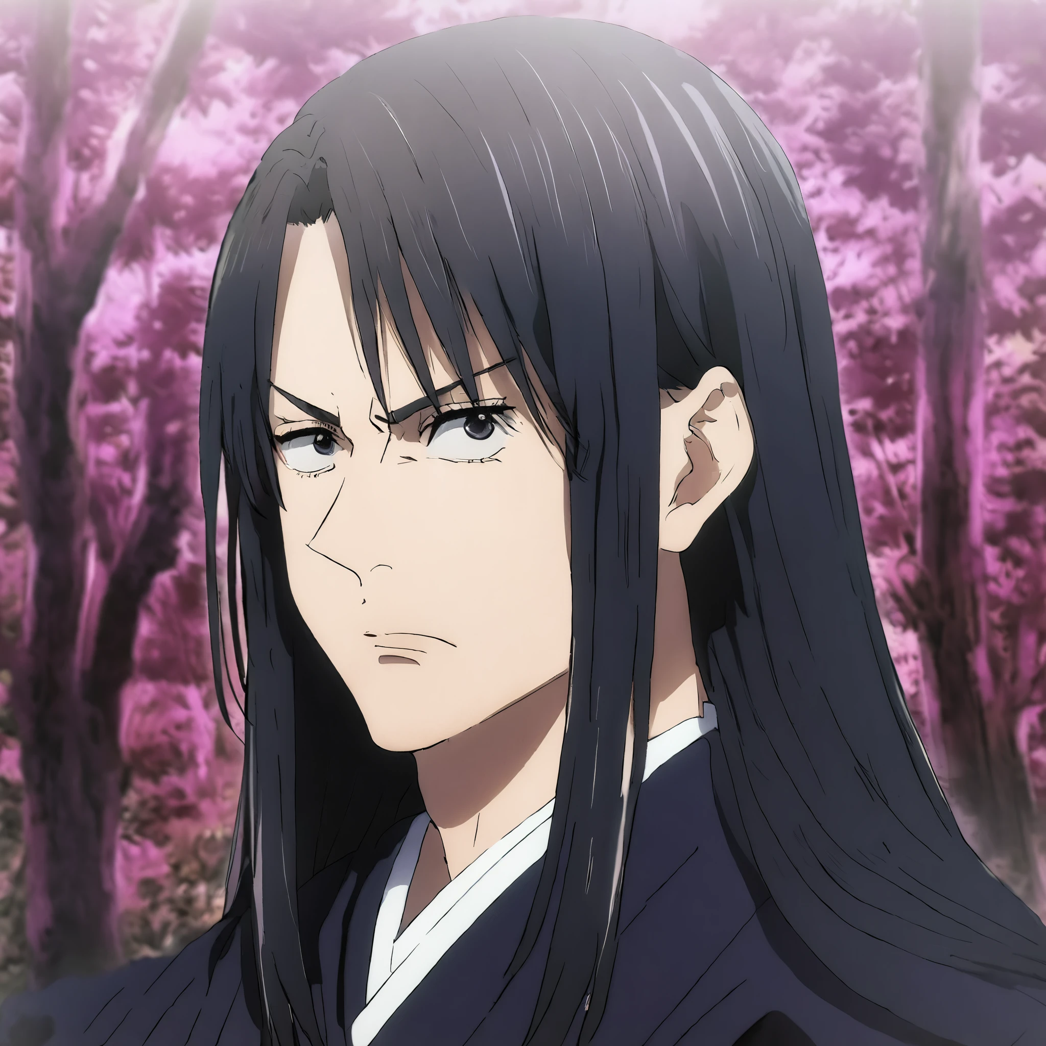 anime image, 1boy, japanese, male, young, straight hair down, long hair, black hair, black eyes, serious face, wearing black kimono, forest scenario, face and bust focus 