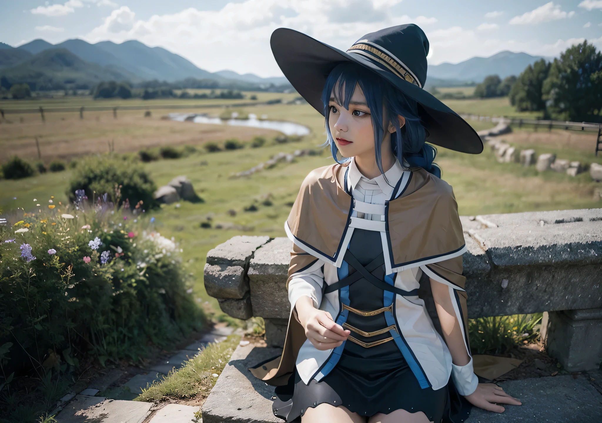 masterpiece, best quality, 1girl,witch hat,blue hair,very long hair,twin braid,hair ribbon,blue eyes,brown cape,long sleeves, black skirt avec un paysage de campagne