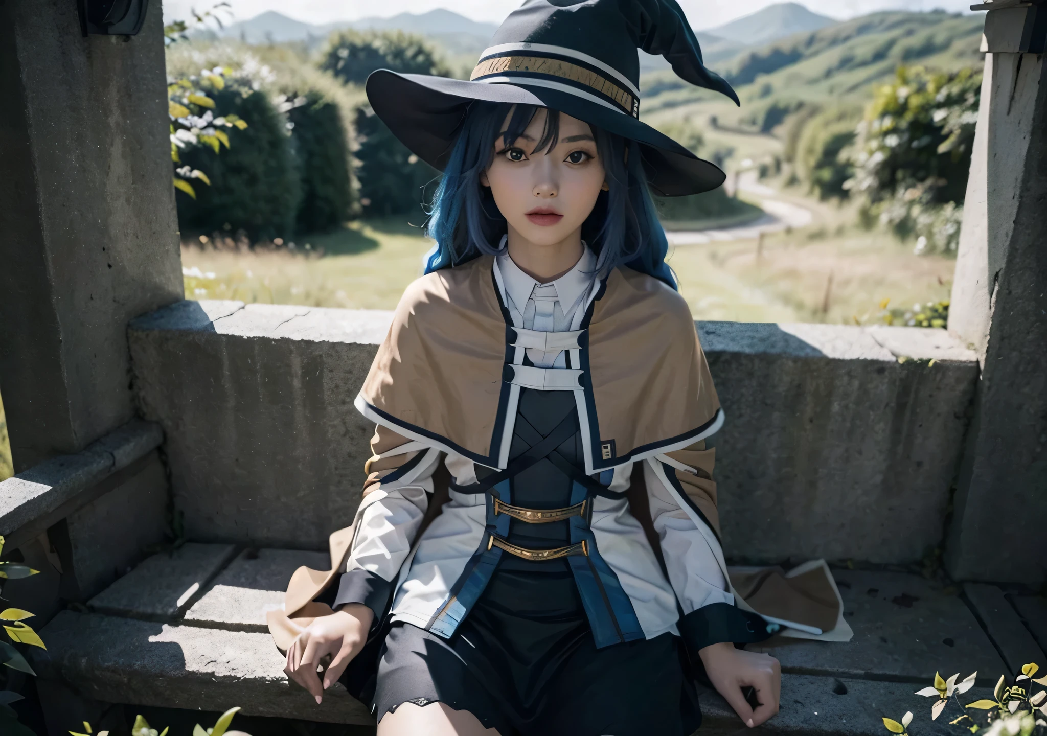 masterpiece, best quality, 1girl,witch hat,blue hair,very long hair,twin braid,hair ribbon,blue eyes,brown cape,long sleeves, black skirt avec un paysage de campagne