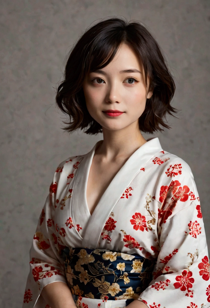 Digital portrait of a Japanese short-haired woman,  Facial beauty, hair is disheveled,Rolling,  Movie-like ,  unreal engine 5 , Beautiful,  Amazing Color Grading, kimono,Japanese Dress, similarly , photo shoot, Cinematography, art、 laughs