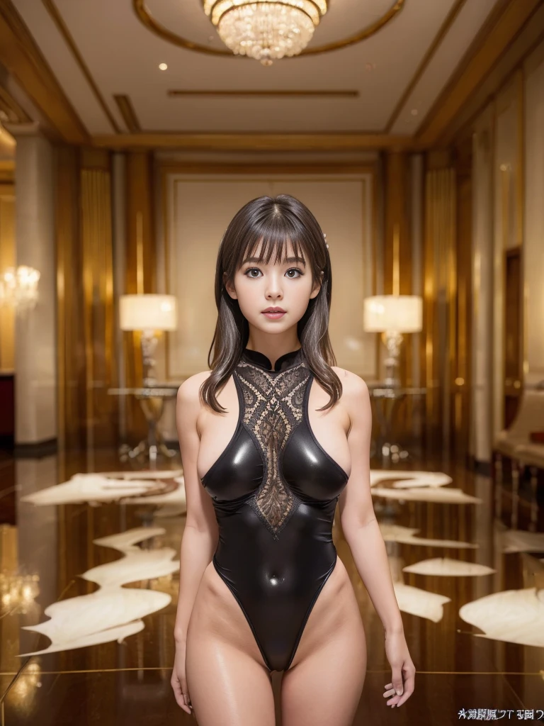 (((Exquisite))) Openwork tights, High-quality details, flowing, Dynamic, (1 female), Bright eyes, sano, Captivate the front and back, Silk texture, Produces a high-quality texture, huge bubbles, Soft light, full of reality, Competitive swimsuit、Colossal tits、short brown hair、shiny oiled skin、A large shiny room in a luxury hotel