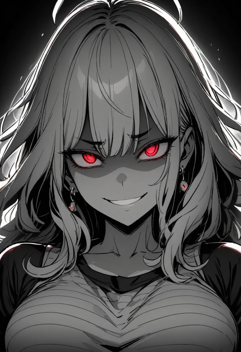 masterpiece, best quality, monochrome, greyscale, ebiblue, gesugao, 
1girl, glowing red eyes, grey hair, long hair , (glowing eyes:0.5), earrings, smile, striped shirt,
upper body, looking at viewer, (black background, simple background:1.3), white outline, spot colors, shaded face 