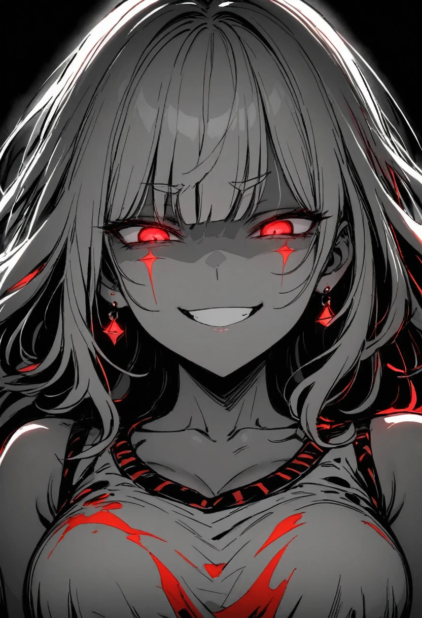 masterpiece, best quality, monochrome, greyscale, ebiblue, gesugao, 
1girl, glowing red eyes, grey hair, long hair , (glowing eyes:0.5), earrings, smile, striped shirt,
upper body, looking at viewer, (black background, simple background:1.3), white outline, spot colors, shaded face 