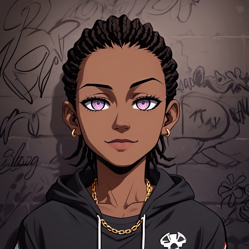  
(foco frontal), (8k, 4k, intricate),(closeup-shot:1), (highly detailed:1.2),(((detailed background:1.2,graffiti walls, apocalyptic alleyway)))different colors eyes{{{dark green and violet))), dark skinned pretty boy with ear piercings standing for a photo, a cartoon picture of a person with a black jacket and a golden chain-necklace , trigger anime artstyle, in an anime style, demon slayer rui fanart, lil uzi vert, unknown artstyle, 2 d anime style, in style of tyler mitchell, anime style character, ufotable art style, portrait of apocalyptic bandit, he wears an torn up hoodie, black shirt with patches, detailed character portrait, portrait of a athletic male character, colored sketch, demon slayer rui fanart, unrealistic character concept , apocalyptic desert, apocalyptic background, night time), Masterpiece, best quality, {best quality}, {{masterpiece}}, {highres}, focus, anime style, baggy eyes,, smiling,, African-American model,, colored sketch, fanart, digital art from danganronpa, drawn in the style of mark arian, androgynous black boy who looks like Lucio, stylized portrait, solo portrait 🎨🖌️, a character portrait